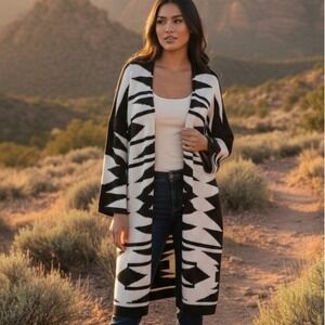 Lauren Ralph Lauren Geo Print Kimono Cardigan Black and White Womens Medium